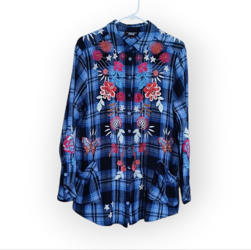 Johnny Was Vibrant Floral Embroidered Plaid Flannel Tunic Shirt Blue Pink Large